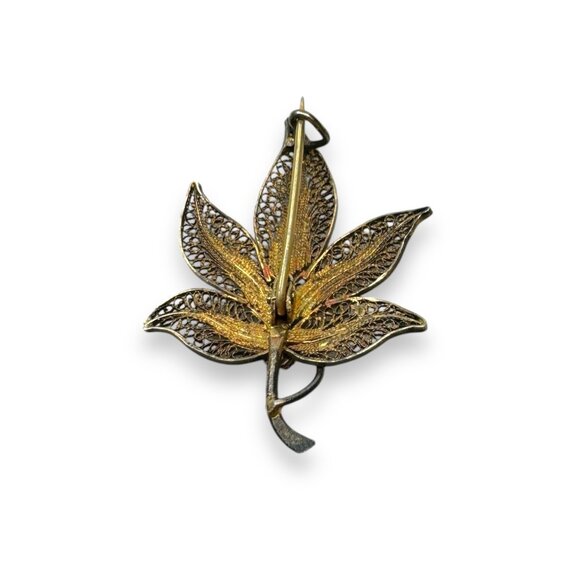 Vintage Filigree Leaf Brooch Pin Gold Vermeil Sterling Silver 2.21g - Picture 2 of 8